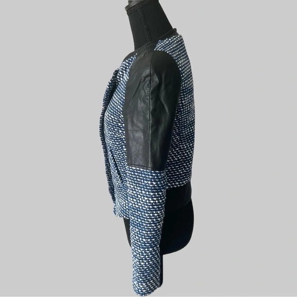 Zara Trafaluc Blue Black Tweed Faux Leather Moto Jacket - Picture 3 of 16
